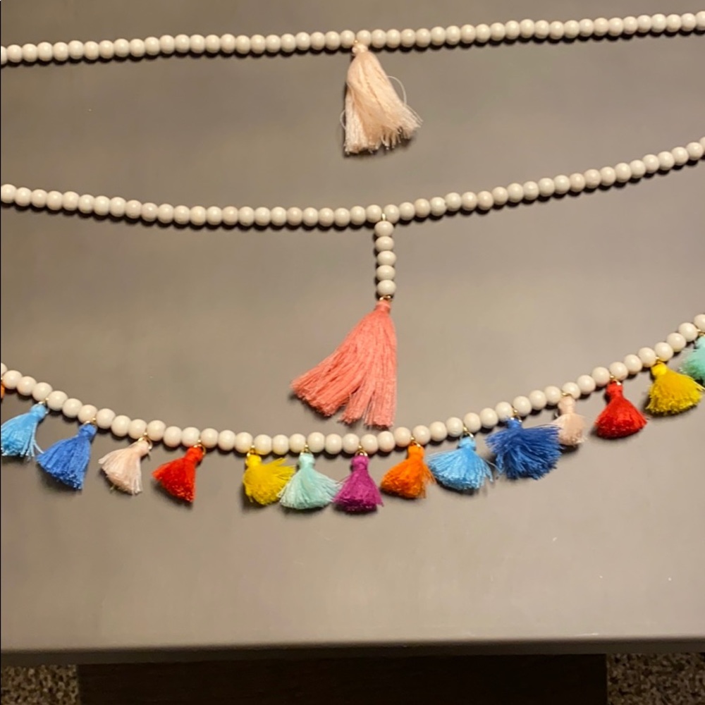 3 strand wooden bead and tassel necklace